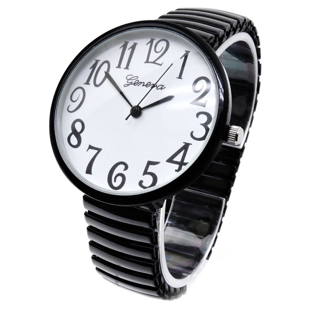 Black Super Large Face (43 mm) Easy to Read Stretch Band Watch